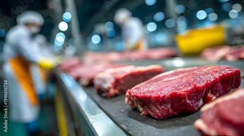 Fresh cuts of beef are conveyed by workers wea protective gear on a processing line at a modern food production facility now.