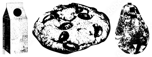 Halftone vector illustration of milk carton, chocolate chip cookie, and pear. Stylized food items with dot texture. Isolated foreground objects, no background.
