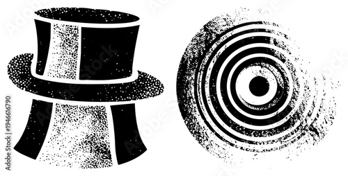 Classic top hat silhouette with halftone texture, concentric circle with distressed grain, vector graphic elements, retro design, graphic set.