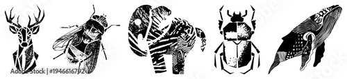 Stylized wildlife portraits using angular shapes, deer, fly, elephant, beetle, whale,, graphic design.