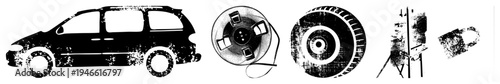 Distressed black silhouettes of a minivan, film reel, bullseye target, camera, and coffee mug, isolated vector graphics with textured noise effect.