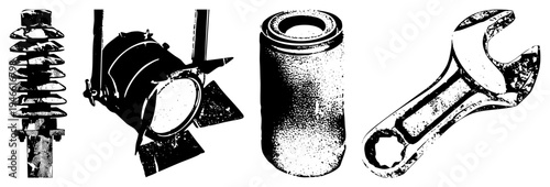 Collection of mechanical tools and hardware, including wrench, spotlight, insulator, and cylinder, rendered in gritty halftone vector art, ideal for engineering or repair themes.