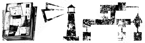 Stylized halftone vector open book with layered pages, lighthouse emitting beams, mechanical gear assembly all in, graphic design elements, isolated vector assets.
