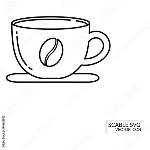 Black line coffee cup with coffee bean on side line black and white minimal scable svg cup and saucer