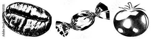 Classic halftone vector illustrations of coffee bean, wrapped candy, and tomato with textured shading, isolated graphic elements, black and white, artistic renderings.