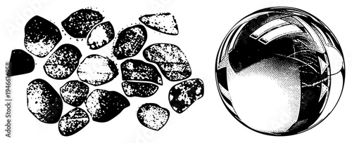 Clustered halftone stones with speckled texture, isolated sphere with mirrored facets, vector art, graphic design elements, abstract composition.