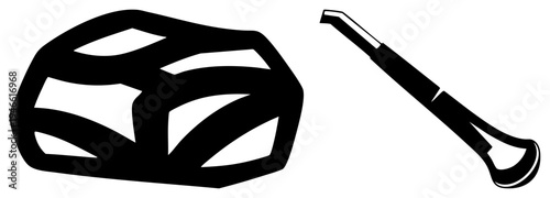 Minimalist black silhouette of a drum with geometric cutouts and a drumstick, flat vector art, isolated graphic elements, musical percussion symbols.