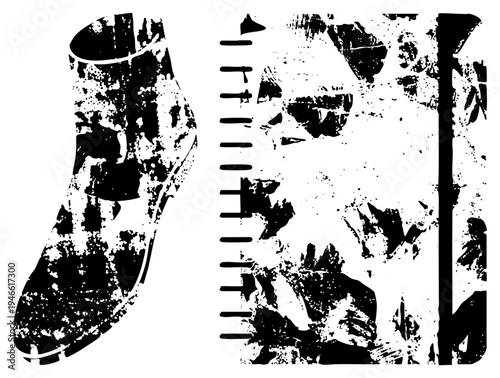Grunge style shoe sole imprint and ladder, high contrast vector design, urban stencil aesthetic, black and white texture, street art motif.