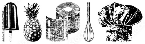 Retro kitchen items rendered in halftone dot frozen treat, tropical fruit, paper towel roll, mixing whisk, chef’s toque. Classic culinary symbols in graphic style.