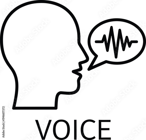 A simple line drawing of a human head with a speech bubble representing voice