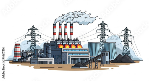 Industrial power plant with smoking chimneys and transmission towers.