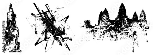 Fragmented cityscape, distorted skyscrapers, chaotic street grids, urban decay motifs, vector art, design, architectural chaos.