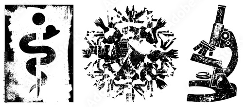 Black and white vector caduceus symbol, abstract virus, microscope. Grungy texture, isolated foreground, scientific themes, medical and biological.