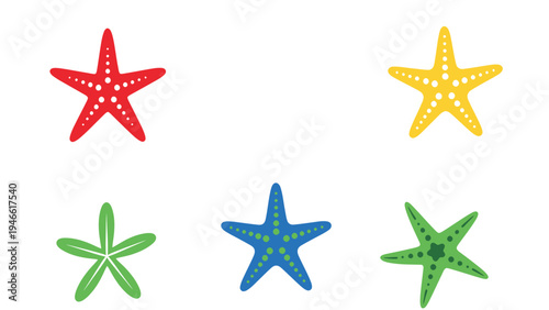 Set of diverse colorful starfish icons. Marine life elements, isolated vector illustrations on white background.