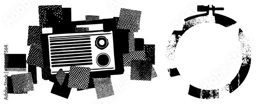 Vintage radio and clock graphic with fragmented halftone, abstract collage, retro tech illustration, black and white vector design.