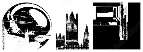 Black and white vector illustration of globe with continents, Big Ben clock tower, and abstract urban structure, halftone texture, graphic design elements.