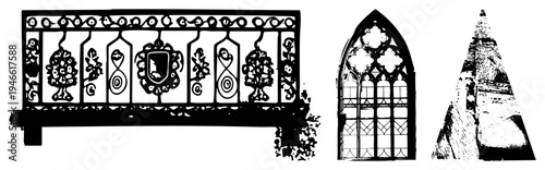 Gothic balustrade with motifs, pointed arch stained glass window, textured stone facade vector cutout designs for architectural illustration or digital compositing.