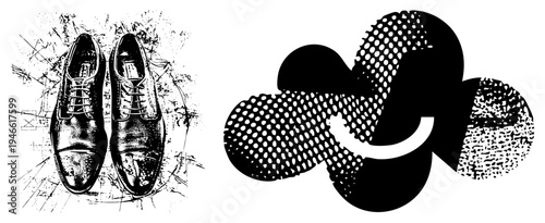 Classic men’s shoes rendered in, detailed lacing and cap toe design, sketch style blueprint texture, fashion footwear illustration.