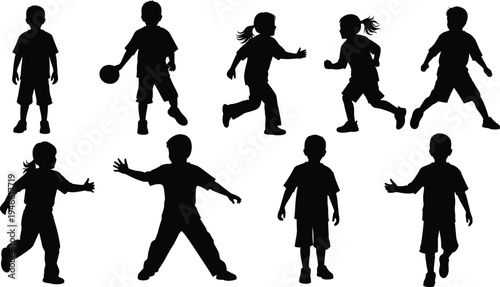 Children silhouettes in active playful poses, running, playing, holding ball, vector illustration representing youth energy, recreation, childhood activity, and educational design concepts