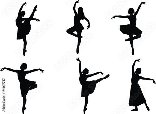 Elegant ballet dancer silhouettes in classical poses, vector illustration showcasing grace, balance, expressive movement, arabesque pirouette stances for dance art and performance design