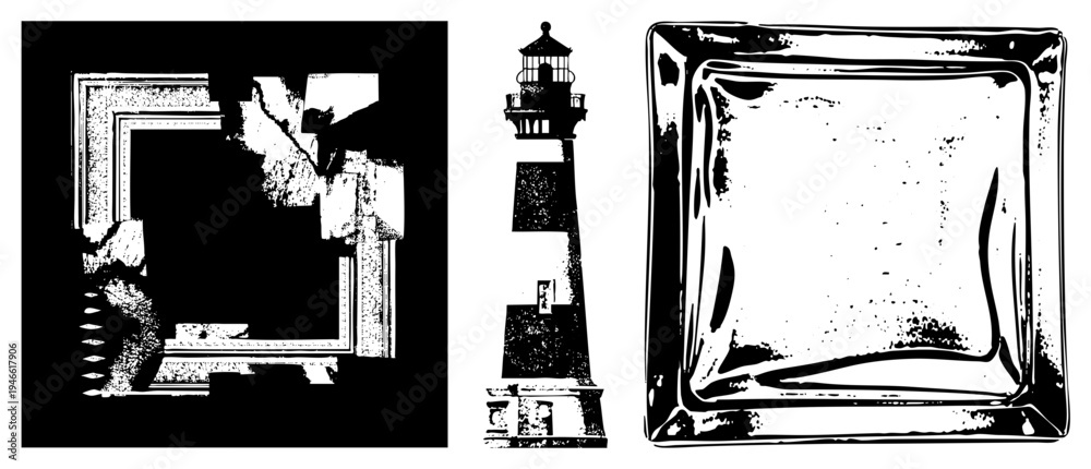Fototapeta premium Stylized halftone vector fractured frame, coastal lighthouse, square glass dish. Graphic design elements for UI, print, or web with textured aesthetic.