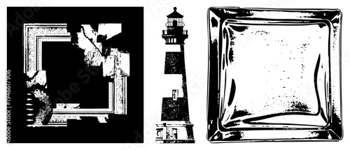 Stylized halftone vector fractured frame, coastal lighthouse, square glass dish. Graphic design elements for UI, print, or web with textured aesthetic.