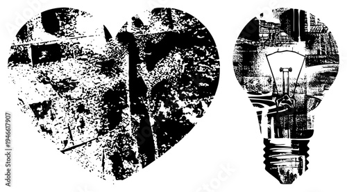 Heart shaped and bulb shaped cutouts filled with gritty halftone, symbolic of love and innovation, vector design.