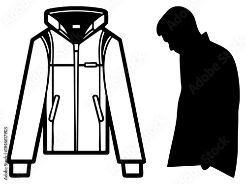 of hooded jacket with zipper, pockets, and drawstring hood beside human silhouette, vector graphic, fashion apparel, isolated foreground.