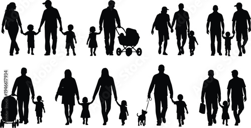 Silhouette families walking together, parents with children, pushing strollers, walking dogs, caregiving, diverse family dynamics, lifestyle illustration concept