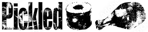 Bold distressed typography spelling "Pickled" beside stylized cucumber and ham visuals, halftone grain effect, food branding, rustic aesthetic.