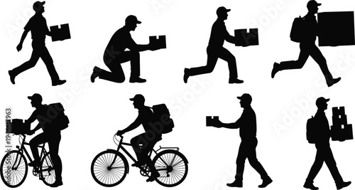 Silhouette delivery workers carrying boxes, running, cycling, walking with backpacks, courier service, logistics, package delivery, transportation, mobility, shipping illustration concept