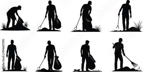 Silhouette people cleaning outdoors, picking up litter, carrying trash bags, raking leaves, community service, volunteer work, environmental cleanup, healthy environment illustration concept