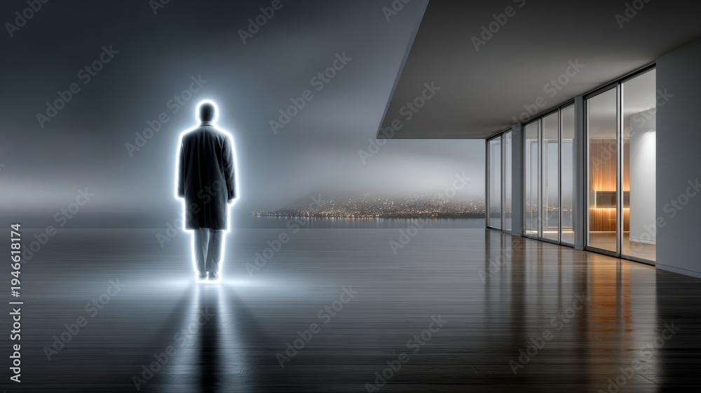 Obraz premium A silhouette emanating light stands in a sleek interior, overlooking a cityscape at twilight