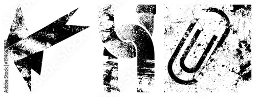 Distressed vector of lightning bolt, pipe, and paperclip with gritty texture, design, graphic symbols, industrial aesthetic, digital art.