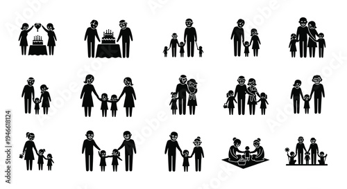 Black silhouettes of diverse family members and relationships on white background