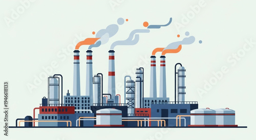 Industrial Factory with Smoke Emitting from Chimneys.