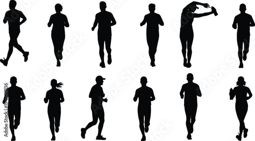 Silhouette runners jogging in different postures, fitness exercise, stretching, hydration, sports activity, running illustration concept for wellness and endurance