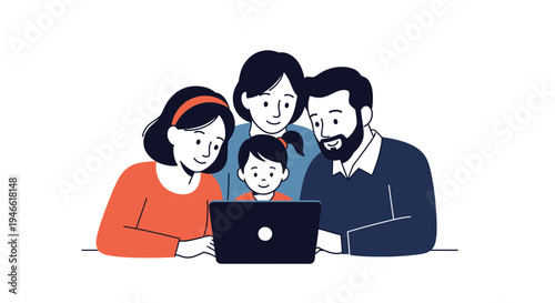 Happy family with child using laptop together at home