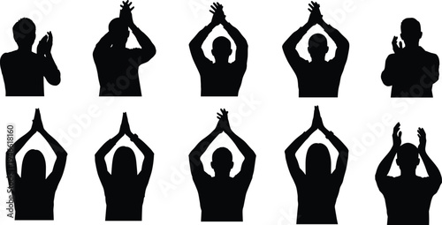 Silhouettes of people clapping in various poses, vector illustration representing applause, appreciation, celebration, recognition, and acknowledgment in cultural, social, and event design concepts
