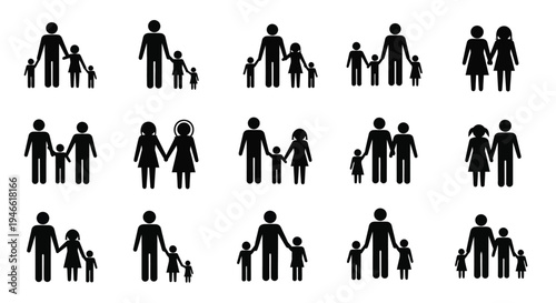 Diverse family structures and relationships illustrated in black silhouette icons on white background for social concepts
