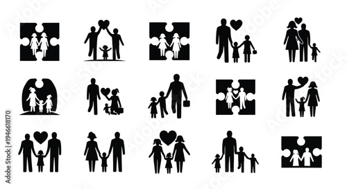 Black silhouettes of loving couples and families with children hearts and puzzle pieces on white background symbolizing unity and togetherness in various poses