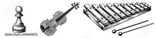 Black and white vector illustration of chess pawn, violin, xylophone with mallets, classic music and strategy, artistic engraving style.