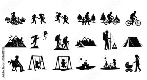 Black silhouettes of people engaging in outdoor activities and camping