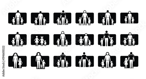 Diverse family icons set black and white pictograms of parents and children family symbols for accessibility signs