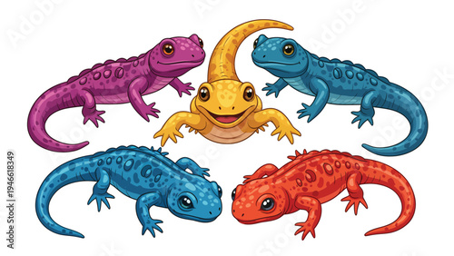 Vibrant Cartoon Newts & Salamanders Illustration Set. Cute Colorful Amphibian Characters on White Background.