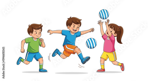 Children Playing with Soccer Balls Cartoon.