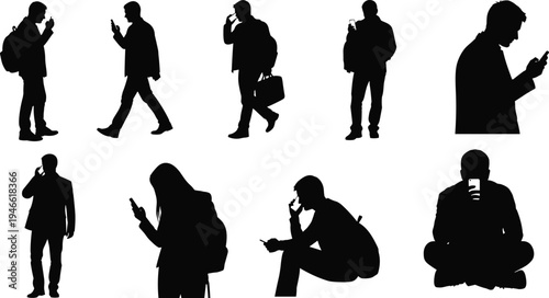 Silhouettes of people using mobile phones in various postures, vector illustration showing communication, technology, lifestyle, daily activity, and modern digital interaction