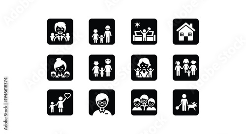 Set of black and white icons depicting social relationships and community connections