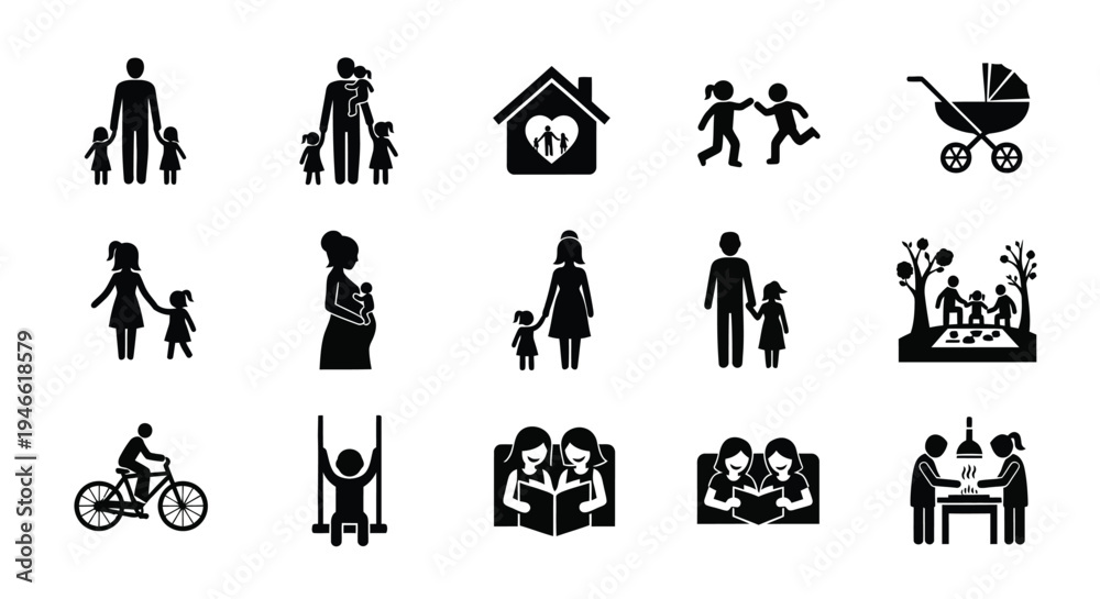 Fototapeta premium Family and parenting icons black silhouettes on white background illustrating various domestic and childcare scenes