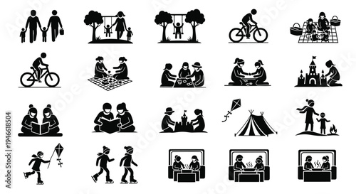 Black silhouette icons of people engaging in various leisure activities and hobbies